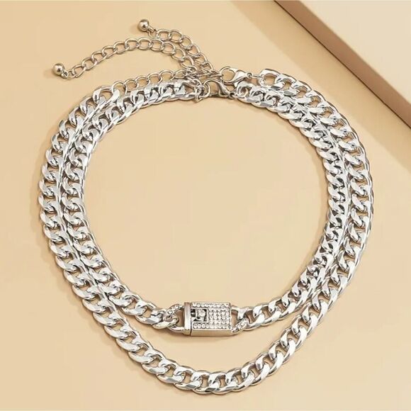 2 Pcs Chunky Chain Necklace Set Statement Chains with Shiny Rhinestones, Trendy - Picture 4 of 8